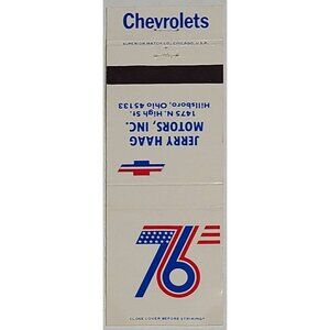 Vintage Matchbook Cover Jerry Haag Motors Chevrolet Hillsboro Ohio Bicentennial